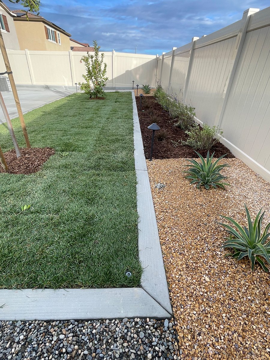 Plant shrubs with mulch at rear center, flanked by pebbles