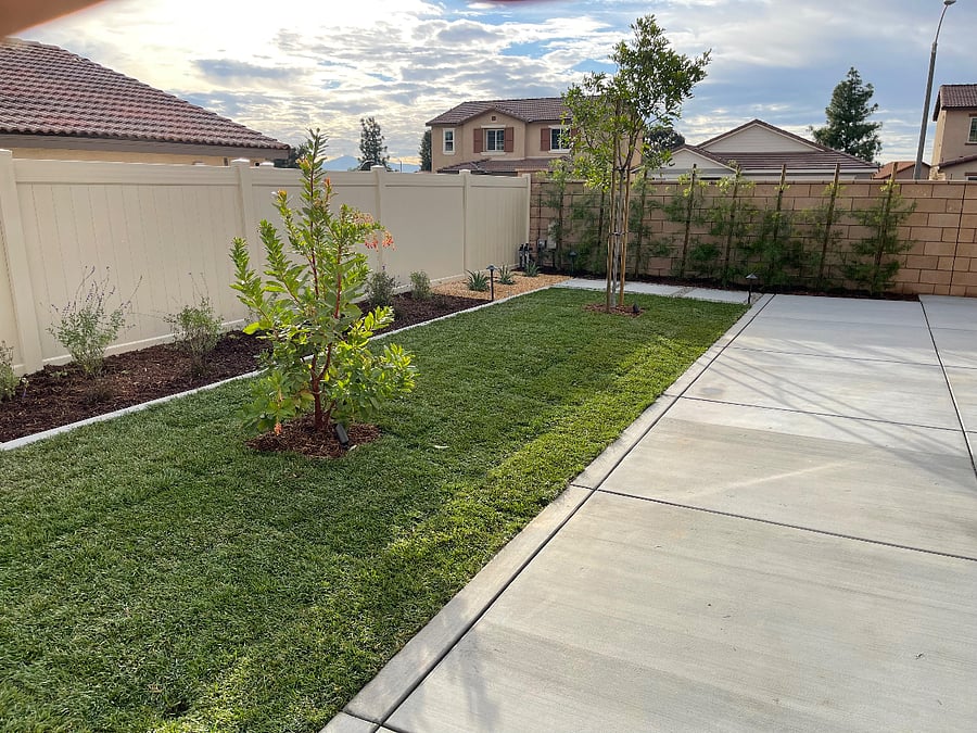 Simple design relaxing backyard.
28ft over-all wide.
14ft wide concrete patio plus real grass
Fun for kids and little Fido!
