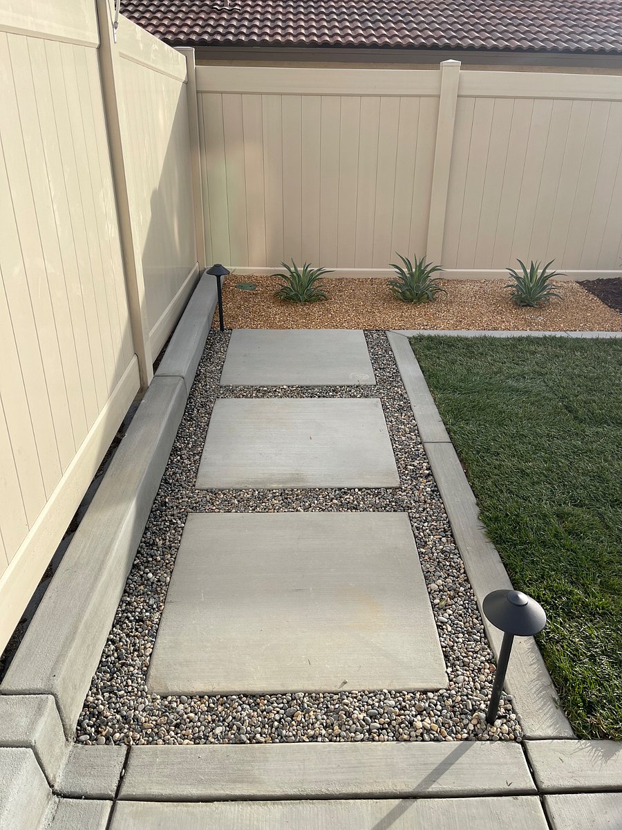 Walk path, 3'x3' cement squares flanked by pebbles