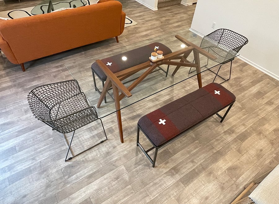 Dining for 6. Comfy custom benches
made by TheCratePeople