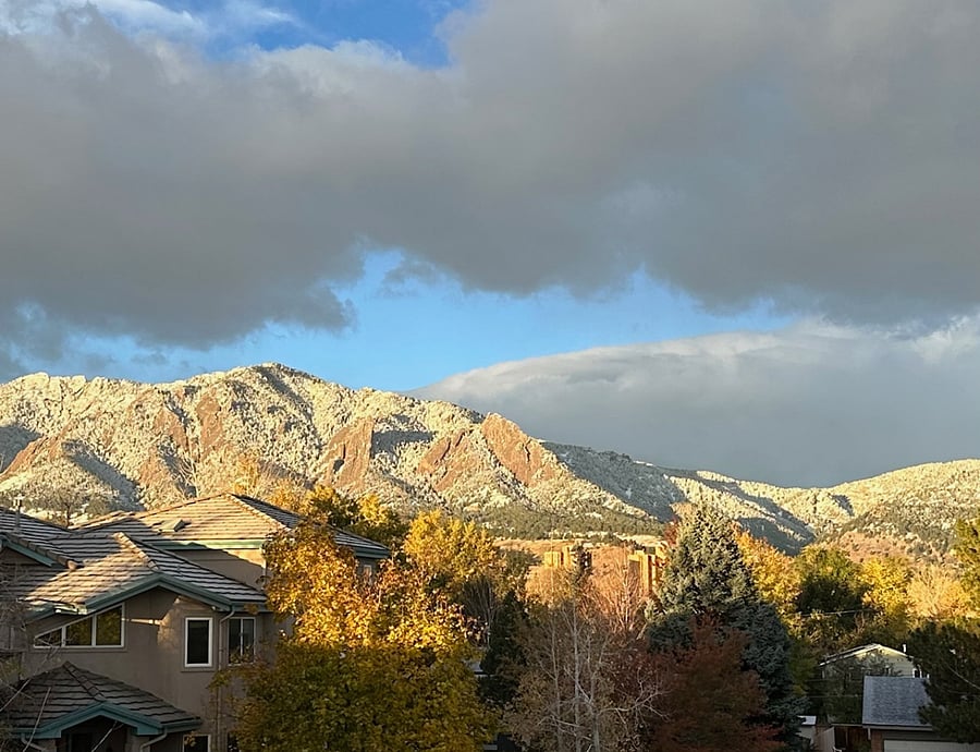 The view from the townhome to the stunning Flatirons after a fresh snowfall.