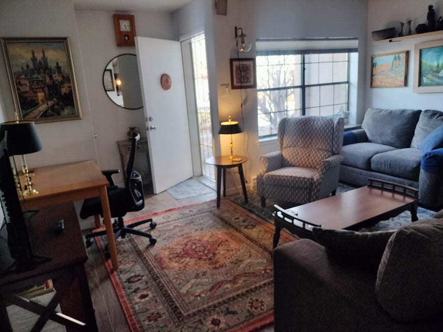 View of den facing front door and small front patio.