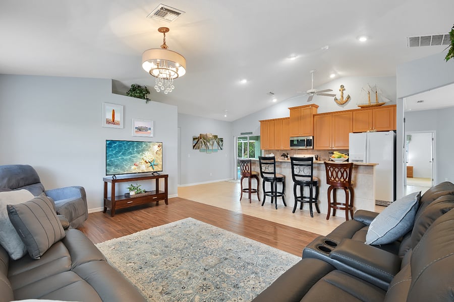 Open kitchen and living room layout.