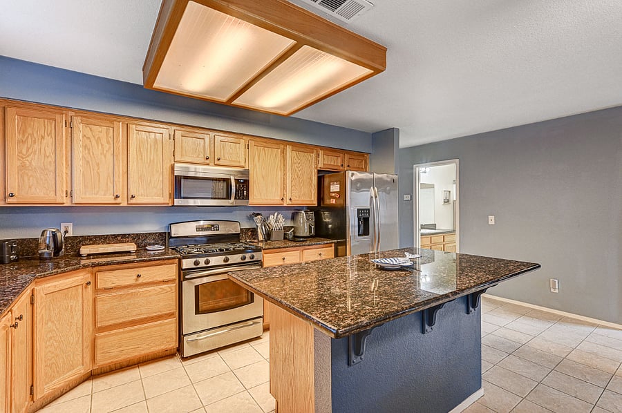 Kitchen area with an island