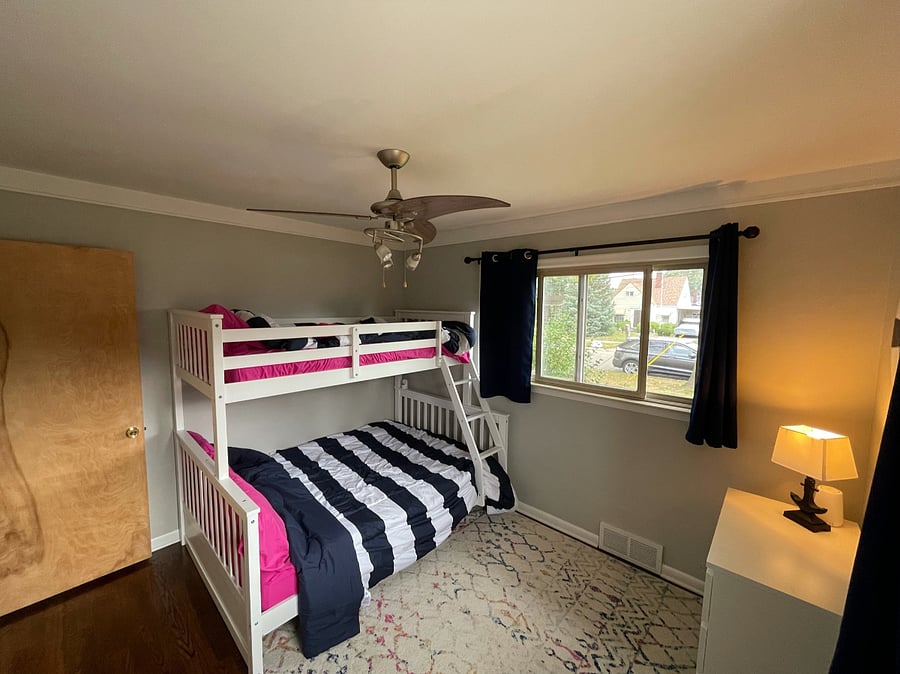 Bedroom #3 with bunks (twin and full), crib, closet and drawers