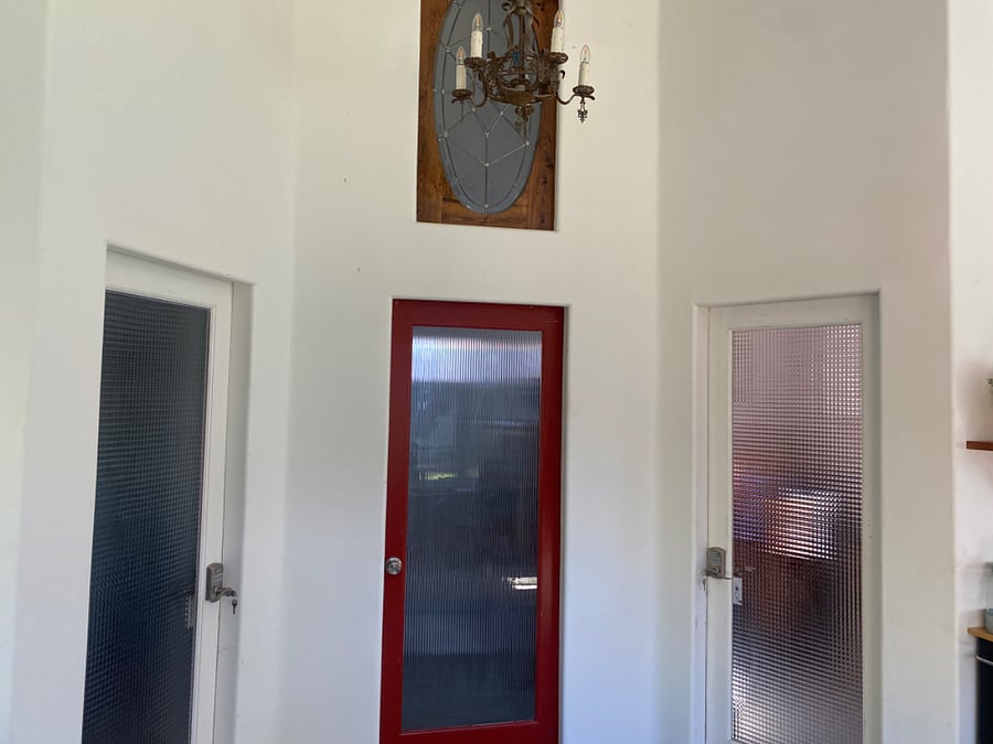 Left door bedroom middle door bathroom right door bedroom 