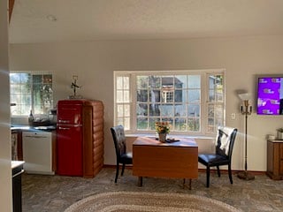 View from bathroom window blinds adjust from bottom up to top down for ultimate privacy. 