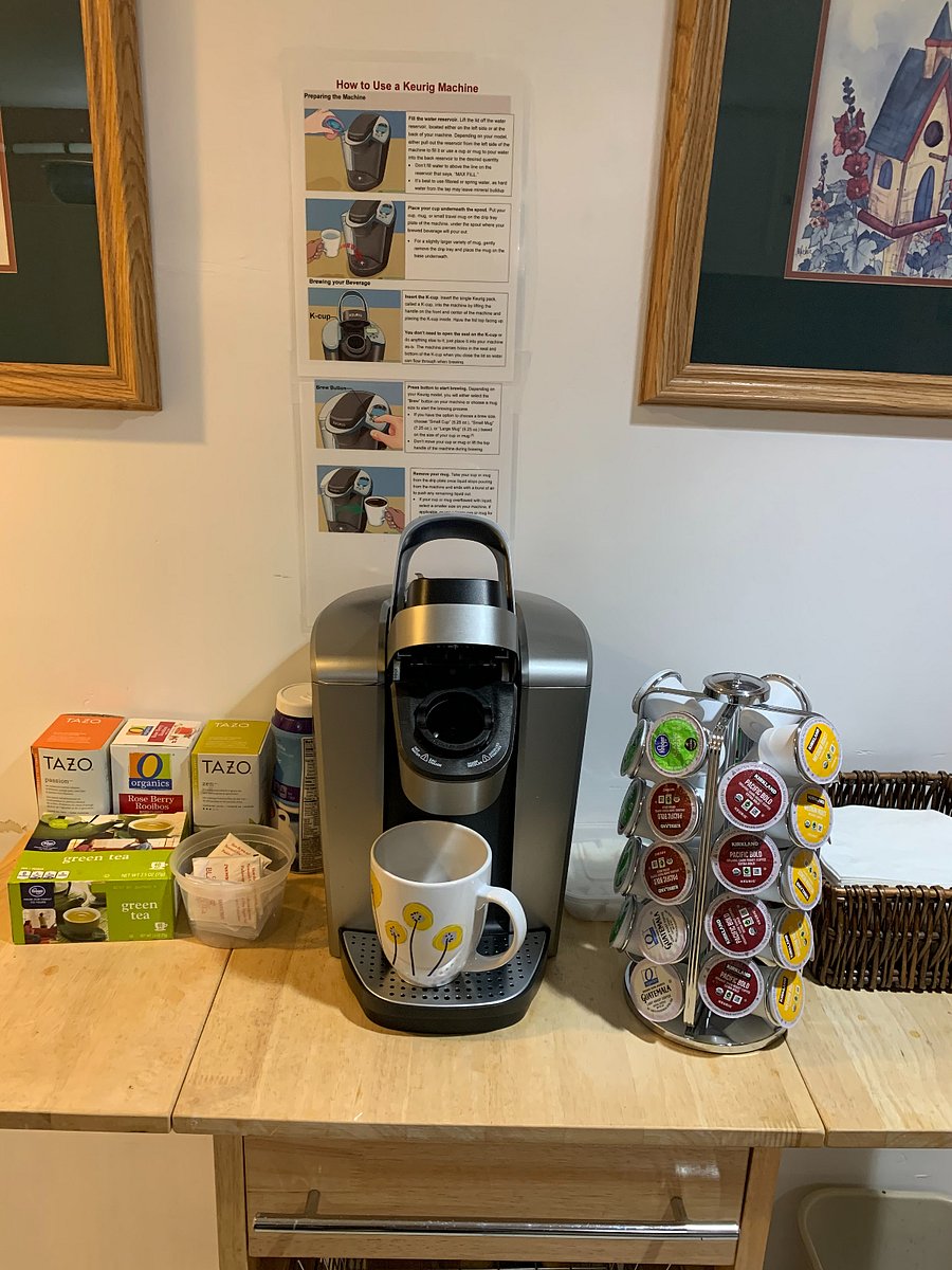 K-cup coffee maker and pods in the kitchen