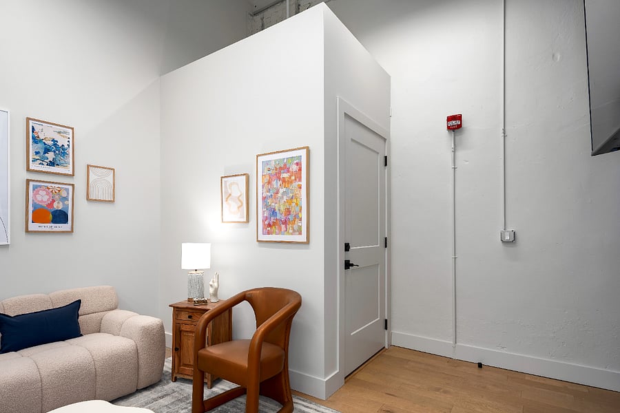 Entry way, door is secure with deadbolt and custom pin entry system.