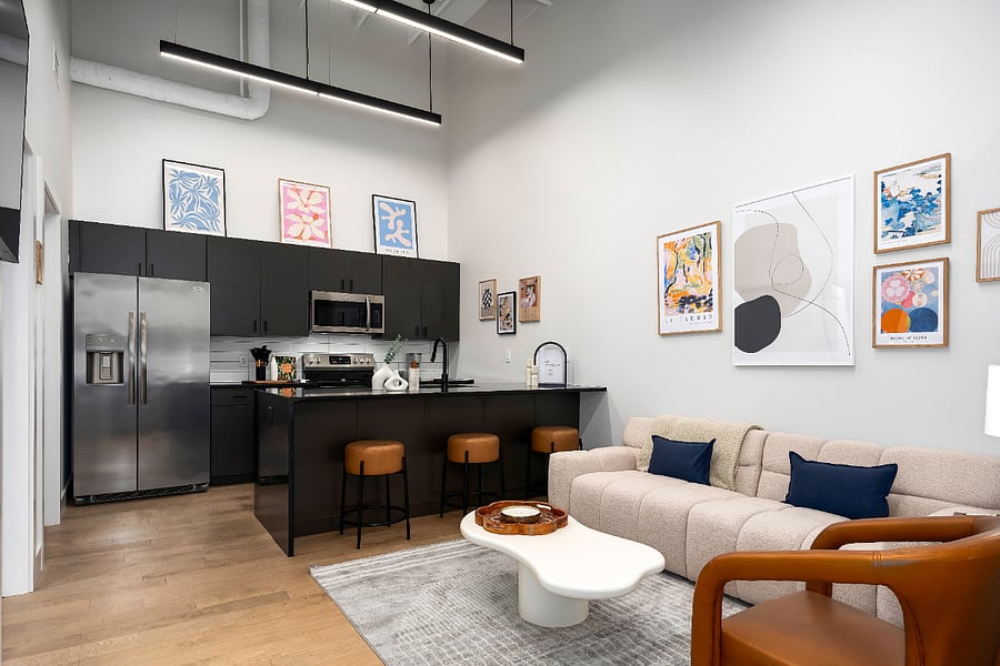 Open kitchen, dining, living concept. Great for entertaining or cozy nights in.
