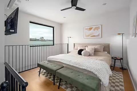 Bedroom, Spacious lofted bedroom area with closet/dressing room. Large window with blackout curtains (not pictured).