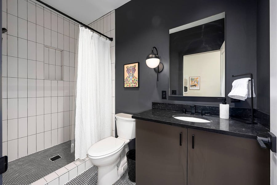 Bathroom, First Floor. Walk in shower, toilet, vanity. Towels, washcloths, hair dryer, shampoo/conditioner, body wash provided