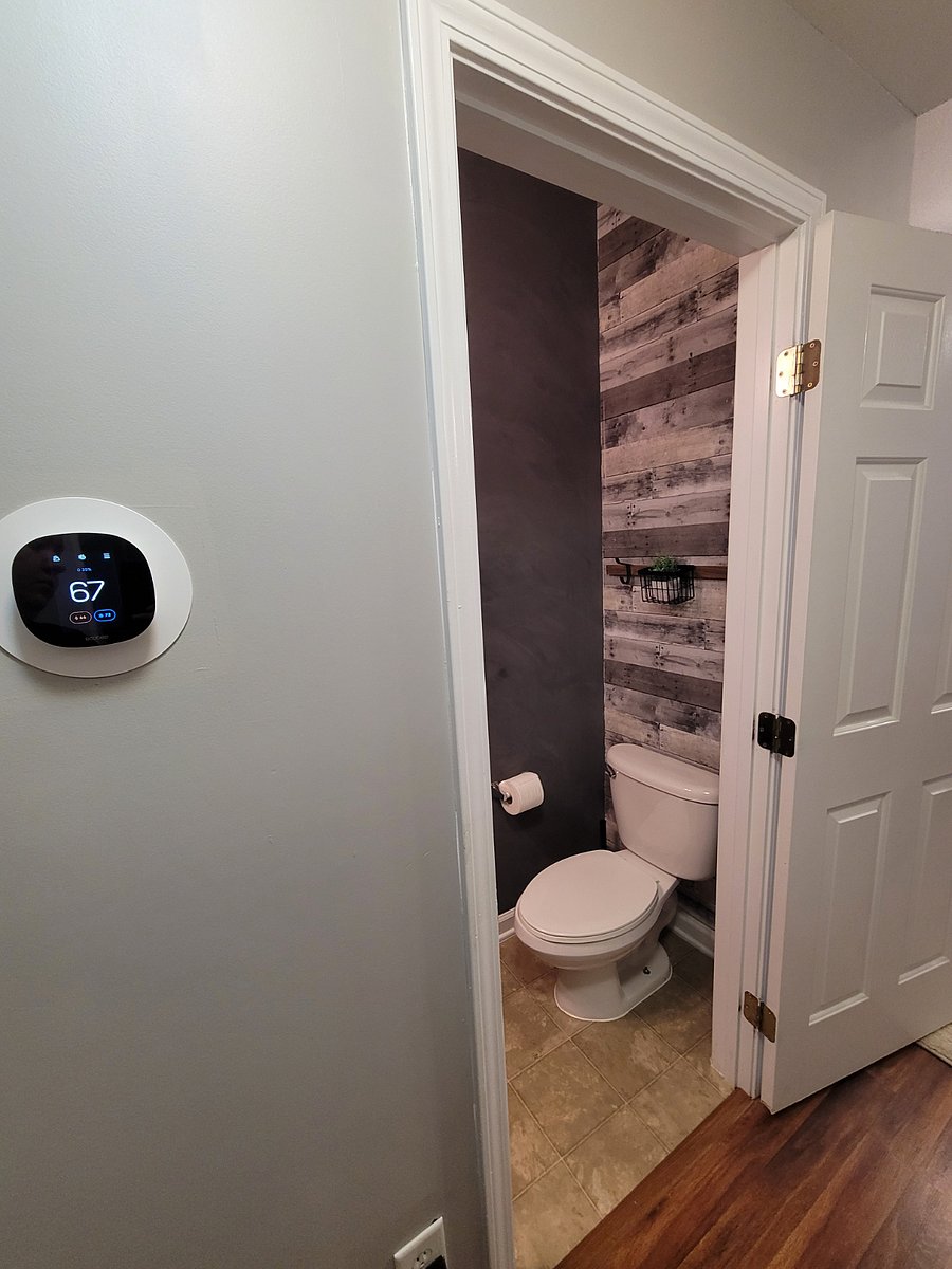 Main floor powder room & Ecobee smart, programmable thermostat.