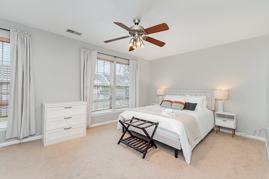 Second bedroom features brand new Queen sized bed and linens included with every stay. Enjoy the extra warm duvet, or swap to enjoy the summer quilt. Towels and Make-Up Eraser are included with every stay.