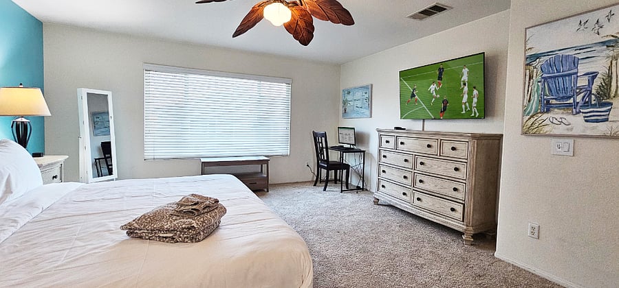 MASTER BEDROOM - Standard King (largest they make), with Cradenza, 55" ROKU SMART TV,  Computer Work Station with Monitor and Large on Super Fast Wifi, mirrorable and Phone Casting Available to MSART TV.  100% Cotton Linens, Hotel Quality with 400 Thread Count. Sealy Mattress and Pillows.