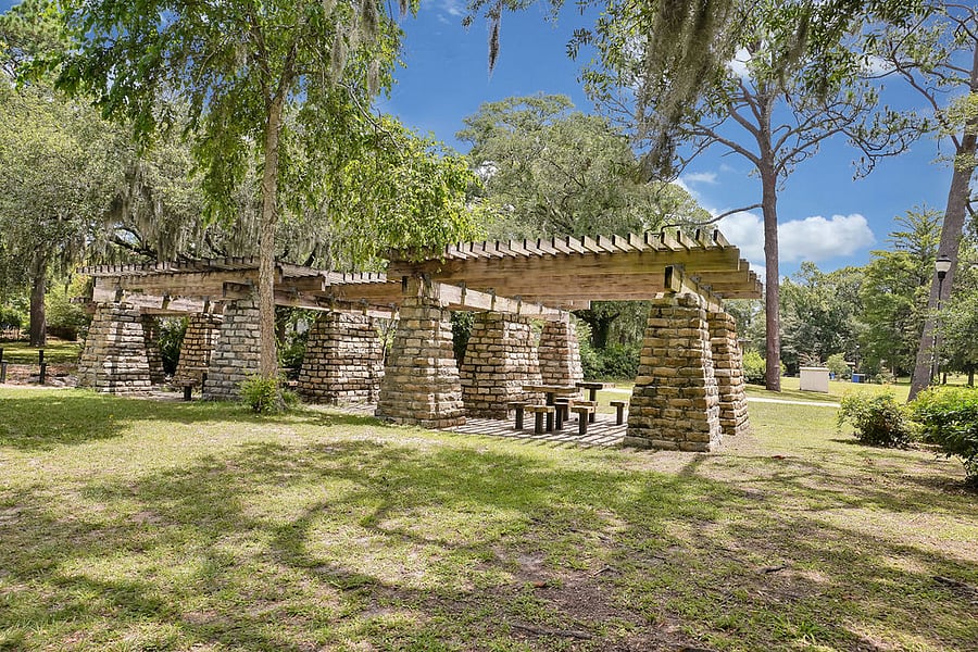 Picnic area and restrooms at Greenfield Lake Park.