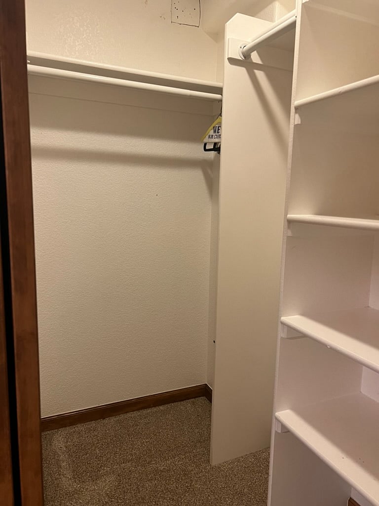 Large bedroom closet with shelving