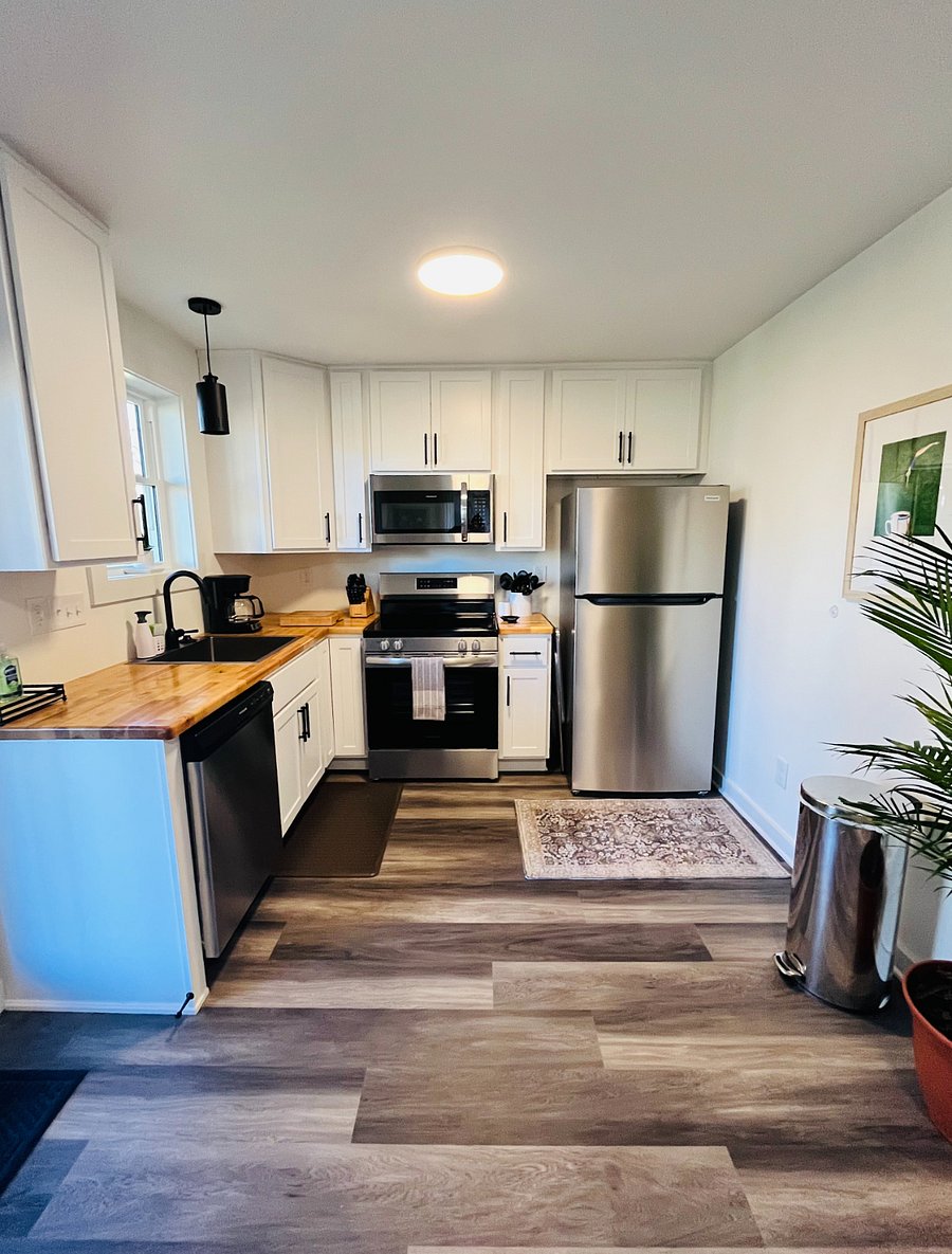 All new stainless steel appliances and butcher block countertops