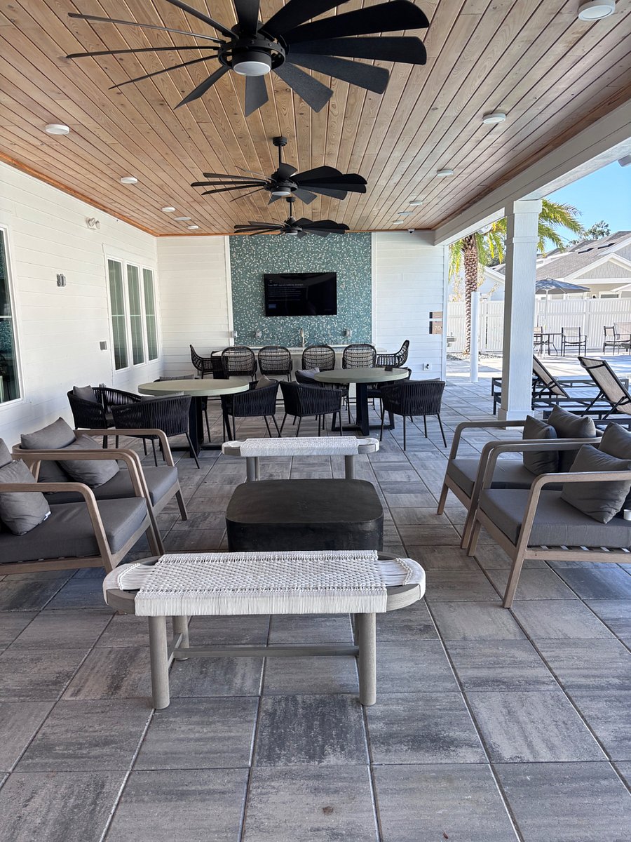 Outdoor gathering space, including outdoor kitchen, seating, bar, and tv. Available for your use!