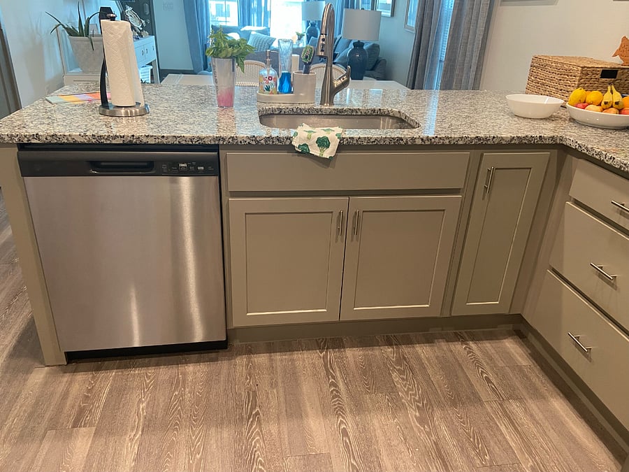 Look at dishwasher (less than 2 years old), sink, and top of bar.