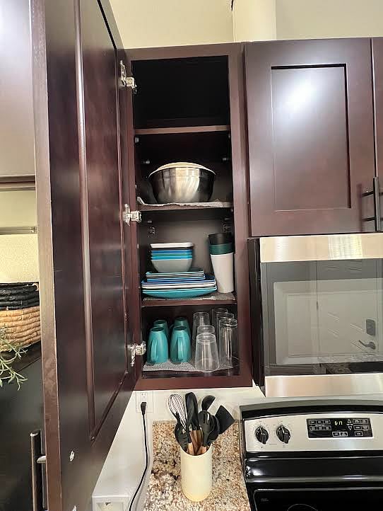 Cookware, dinnerware, utensils and mixing/ storage bowls are provided for your convienence.