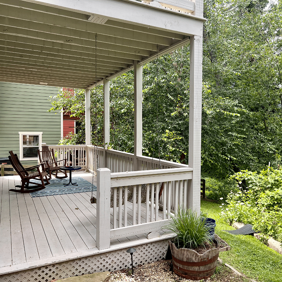 Private entrance private deck and rocking chairs.
Your pathway to your studio is lit after sundown.