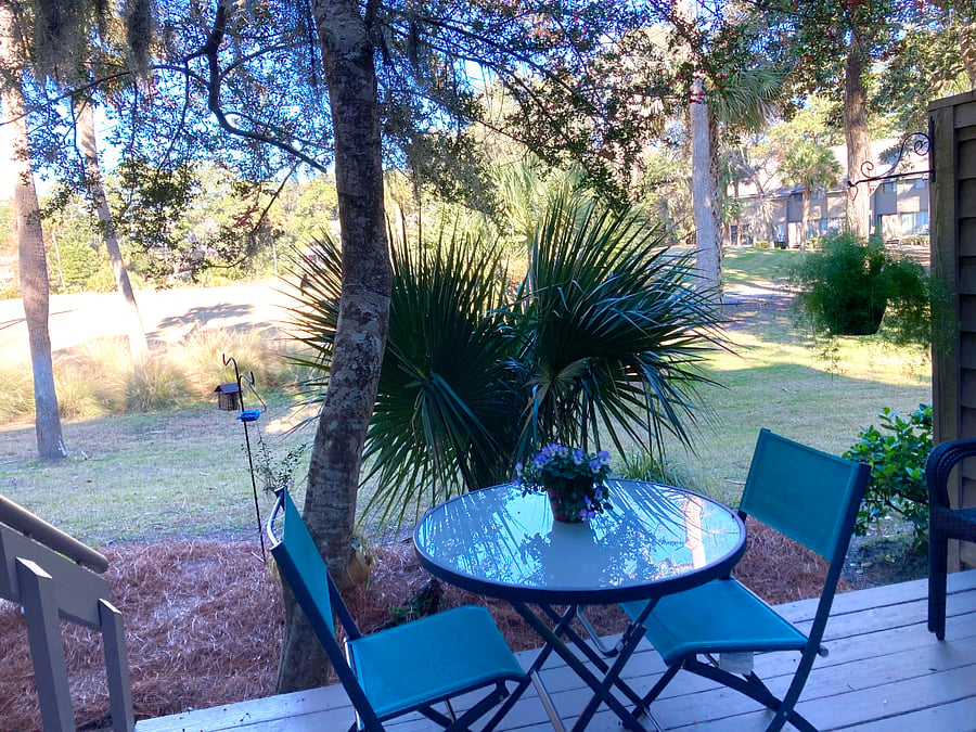 Private back patio with gas and charcoal grills. Vista looking towards the green. 
