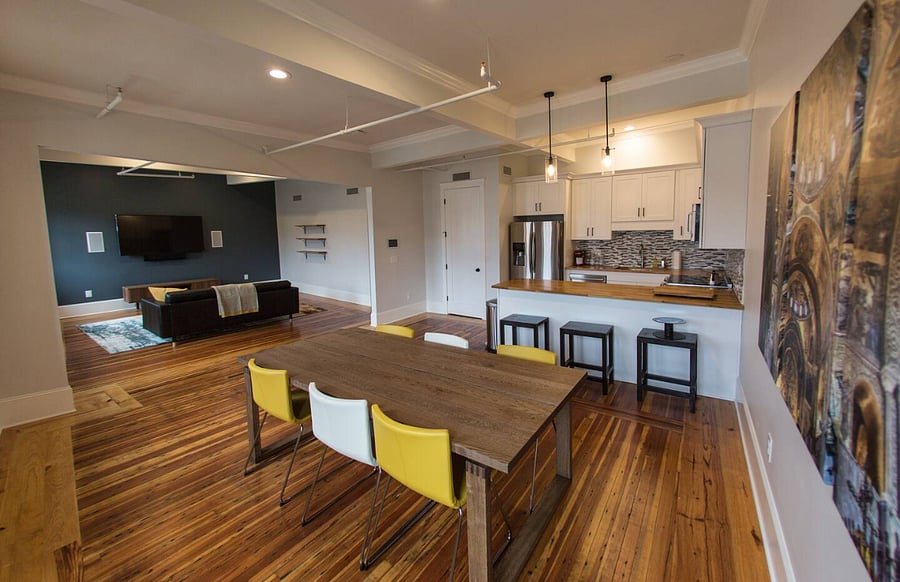 kitchen, dining area and living room