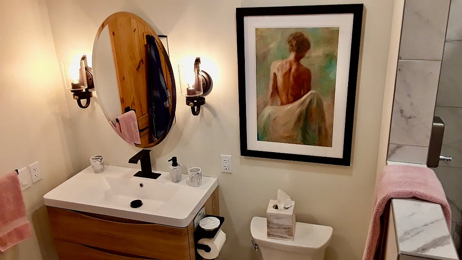Elegant large Bathroom with large spa shower.