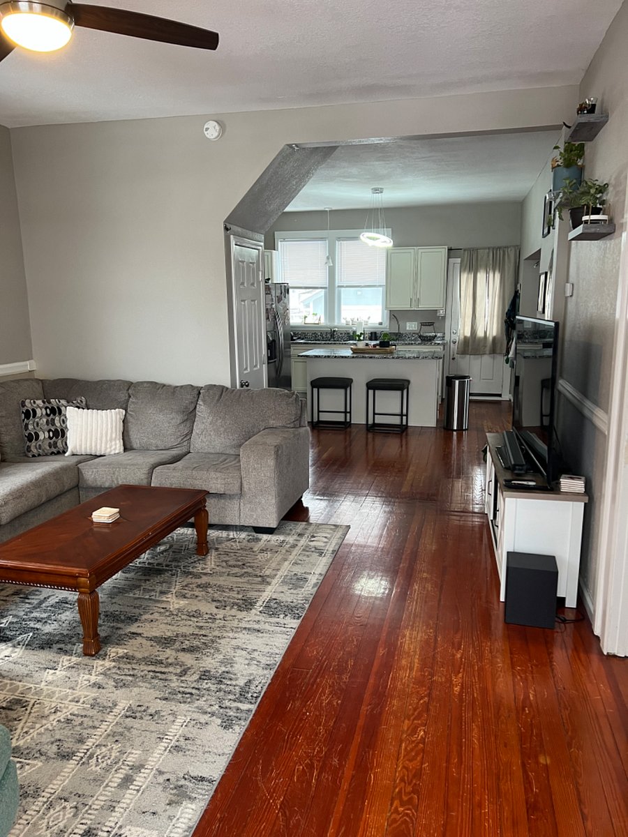 Living room with kitchen view