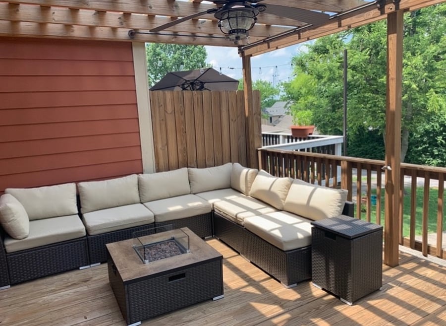 Back deck with gas fire pit, TV, and grill
