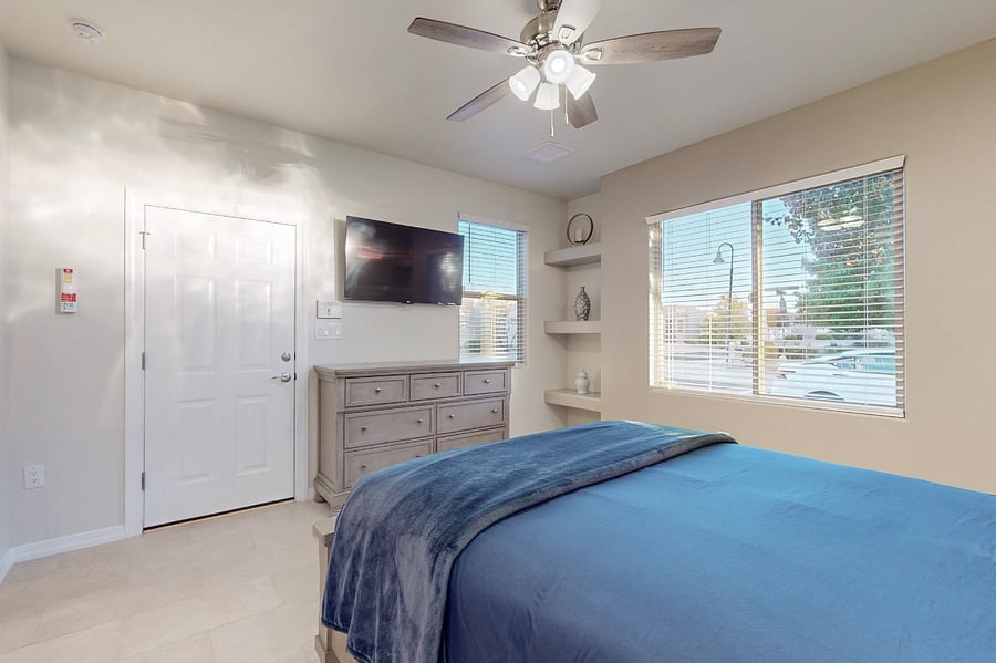 Unwind in this bright cozy casita featuring a comfortable queen bed, ample storage, a private kitchenette and full bathroom, Roku Smart TV; perfect for relaxing after a day of work or family fun.