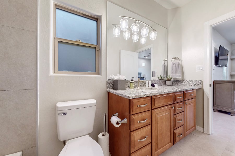 The casita includes a private full bathroom with tub and shower, ample counter space and storage. It is also equipped with a hair dryer and toiletries should you need.