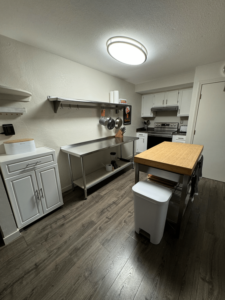 Kitchen has large prep space and island