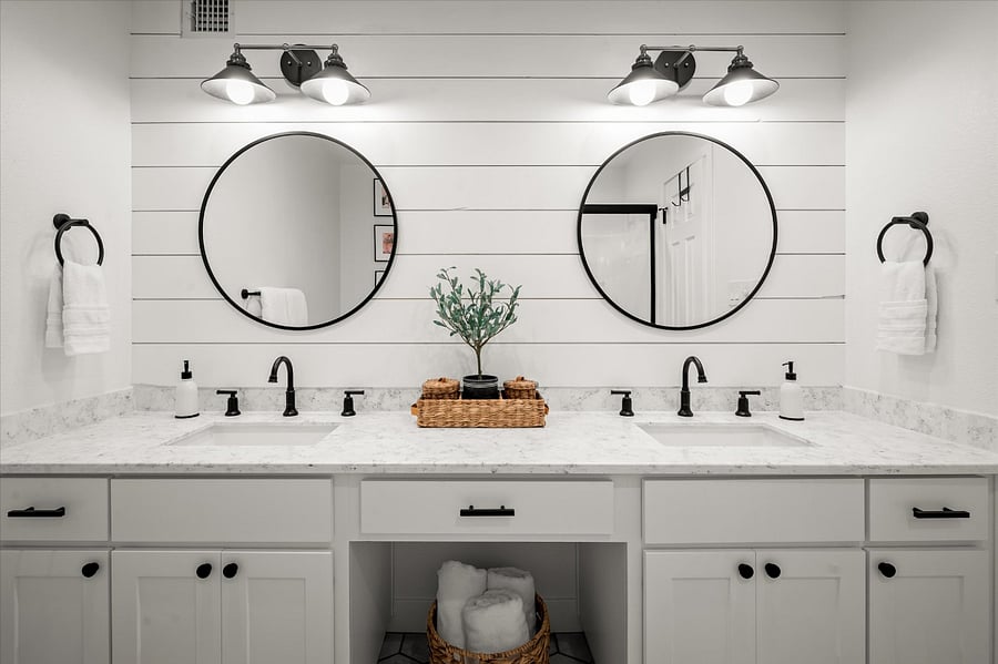 Double sink in the master bathroom with walk-in shower 