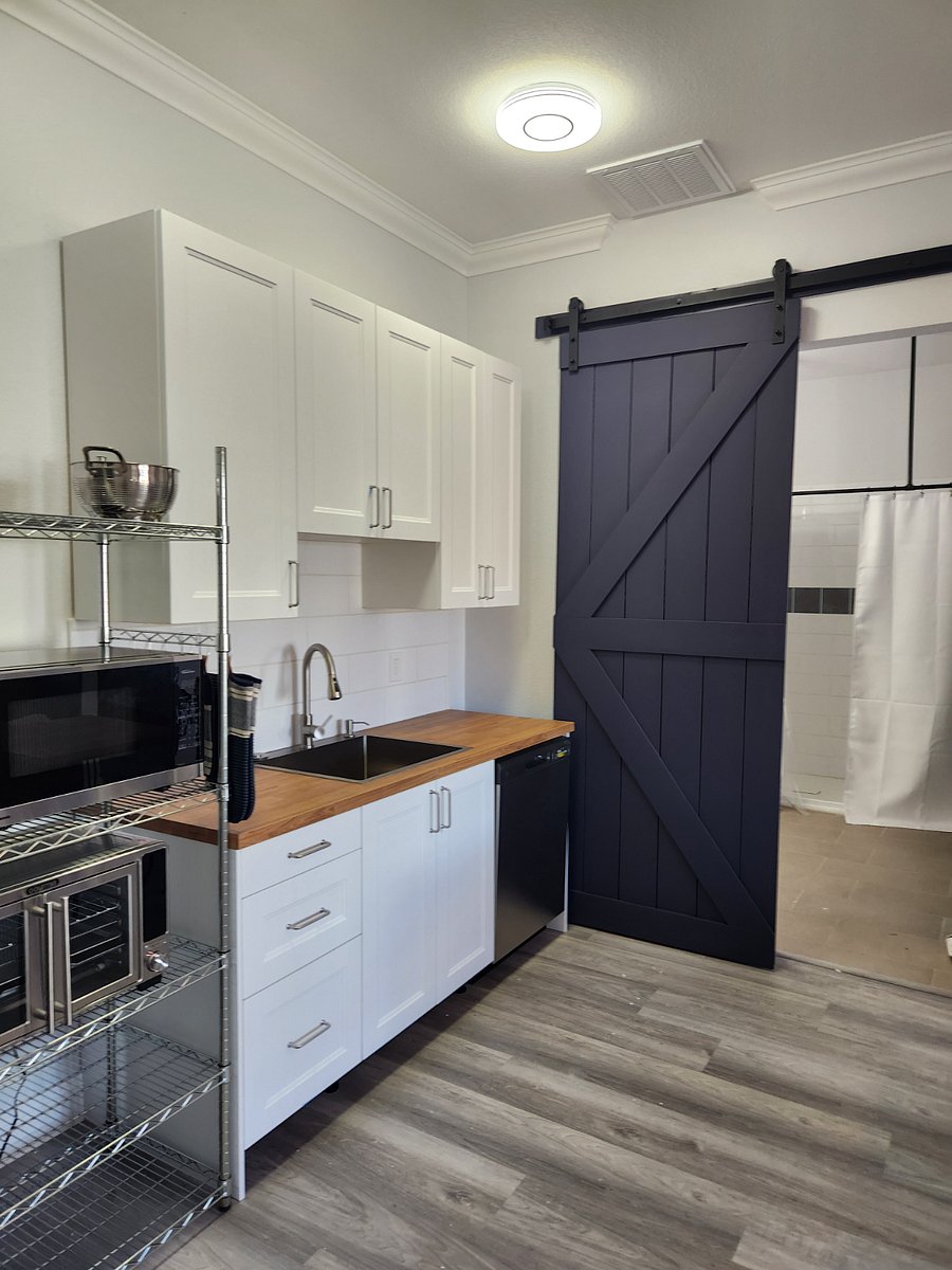 View of kitchen from front door