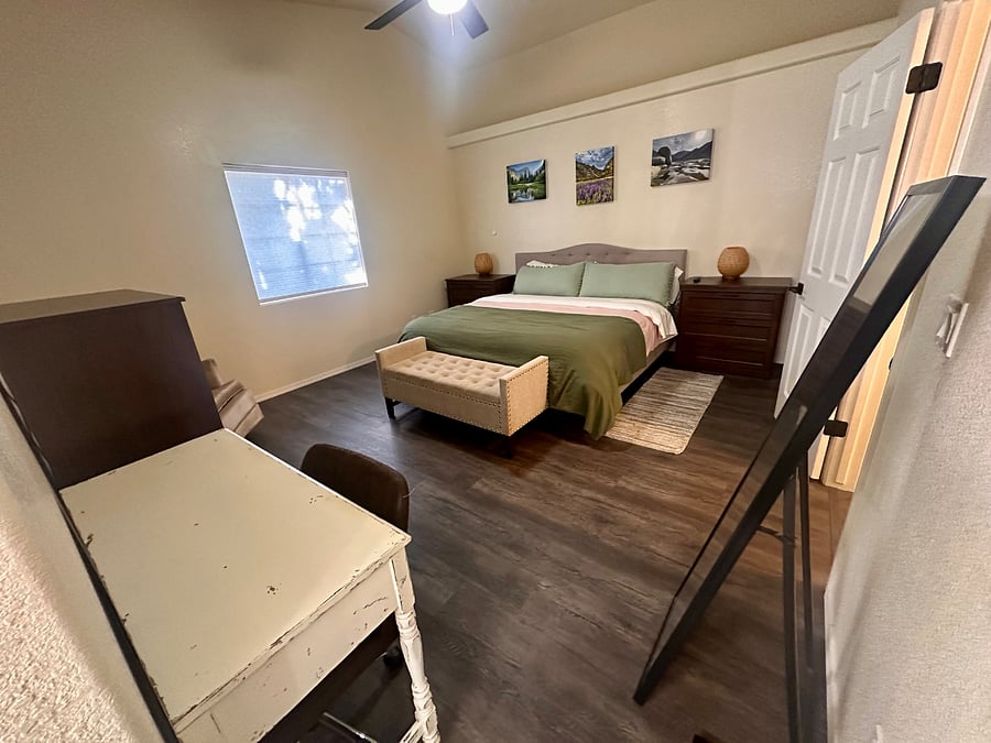 Master bedroom with king bed, walk in closet and private bathroom 