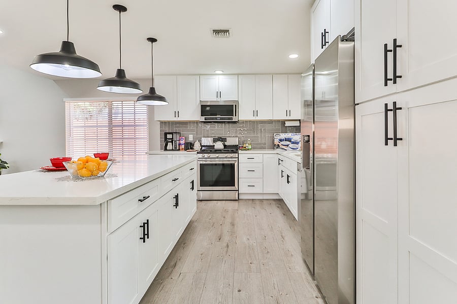 stylish and fully equipped kitchen with a spacious island