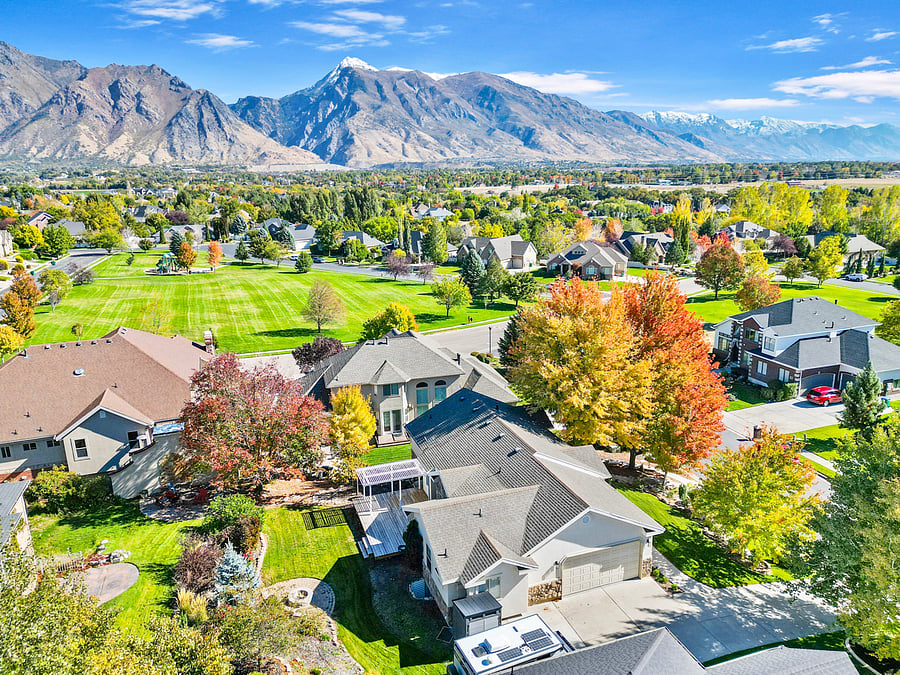 Backyard lawn, community park across street