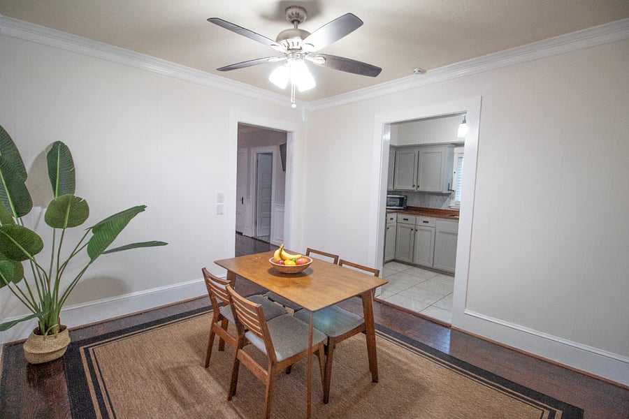 Dining room with coffee bar.