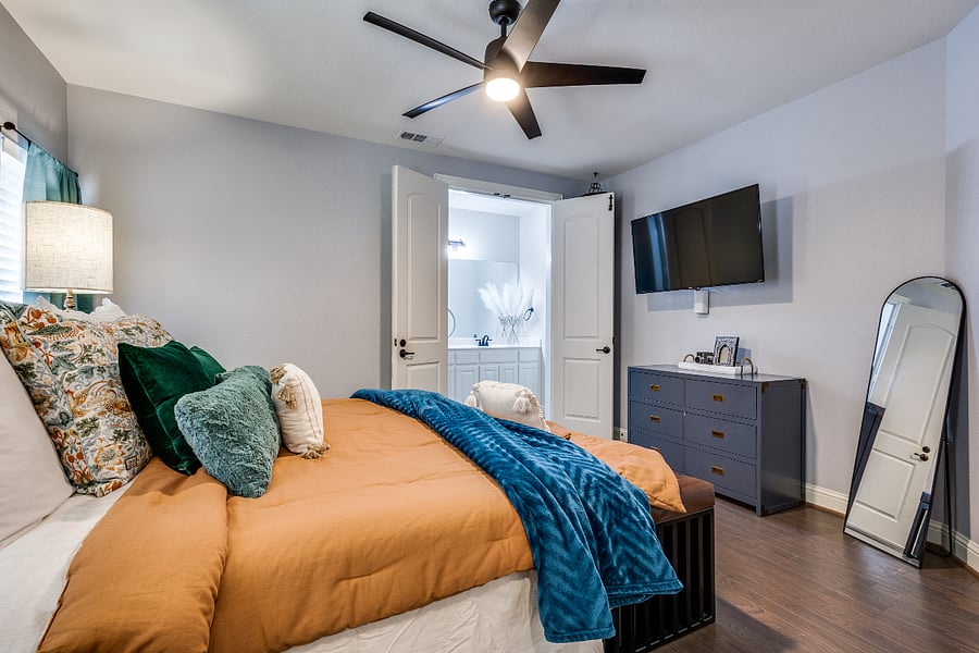 Large dresser, a large 50 inch HD Roku Smart TV streaming television (Netflix, Hulu, and more), and full length mirror.
