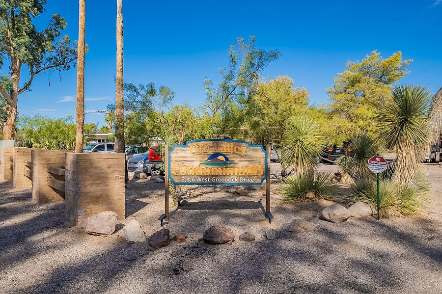 Entrance sign to complex.