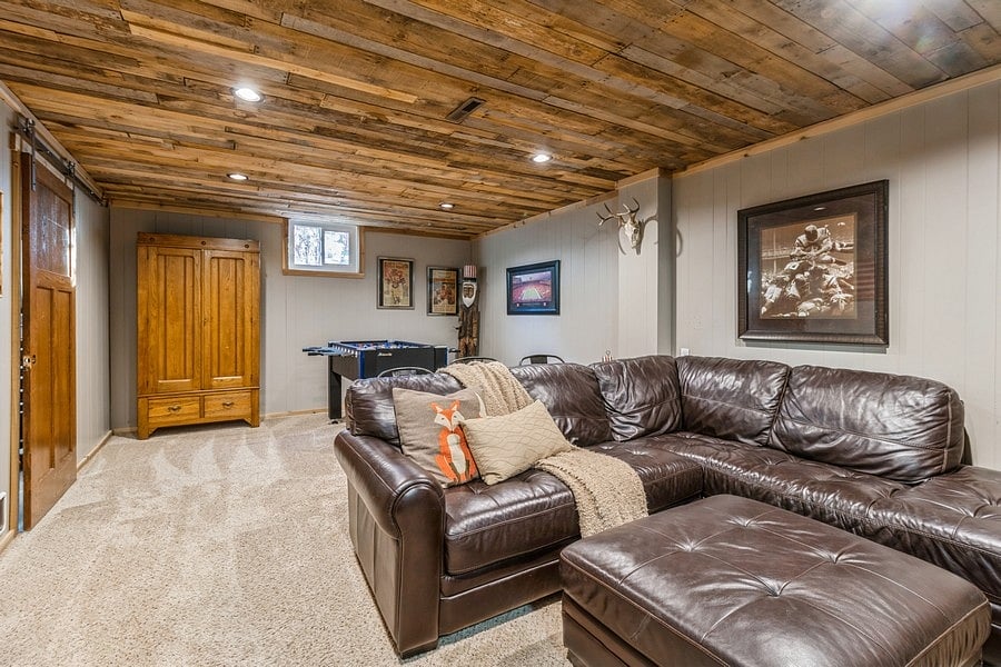 Basement living area, TV, foosball table, games