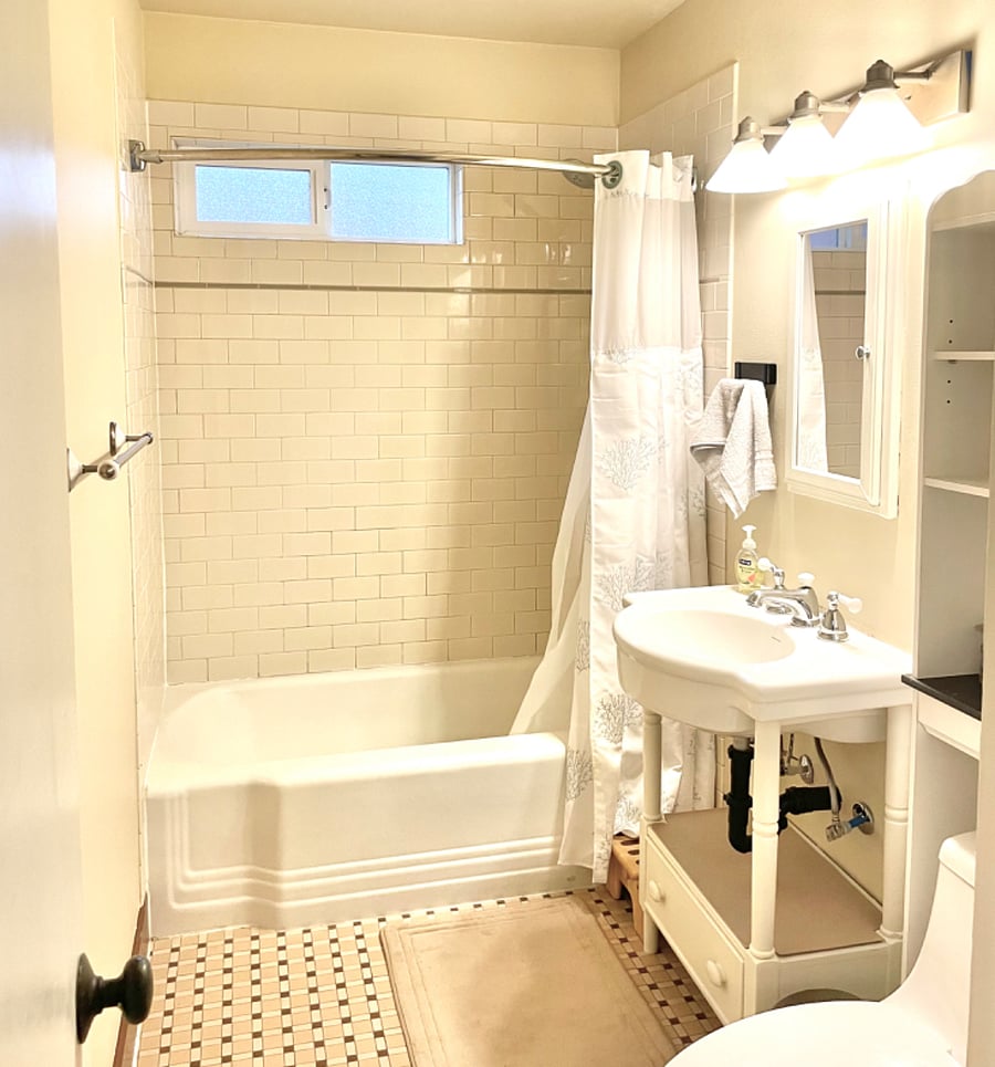 Bathroom has a porcelain tub and really nice shower head. The toilet is a brand new dual-flush toilet. The hot water comes from a tankless water heater through all new plumbing.