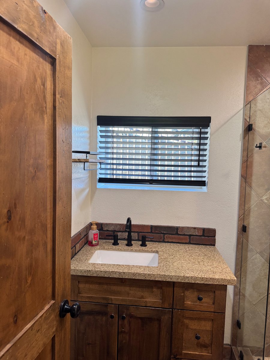 Bathroom with walk in shower. 