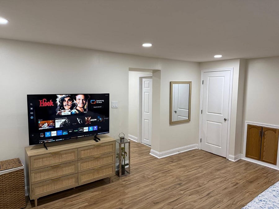 NIce size TV that can be watched from bed or the seating area.Q