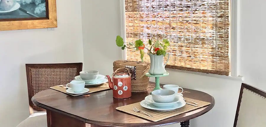 Close up of table with porcelain dinnerware