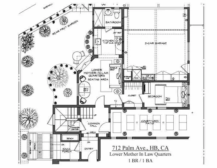 Lower Mother in Law Quarters with courtyard and rear fruit garden - FLOOR PLAN at 712 Palm Ave., Huntington Beach
