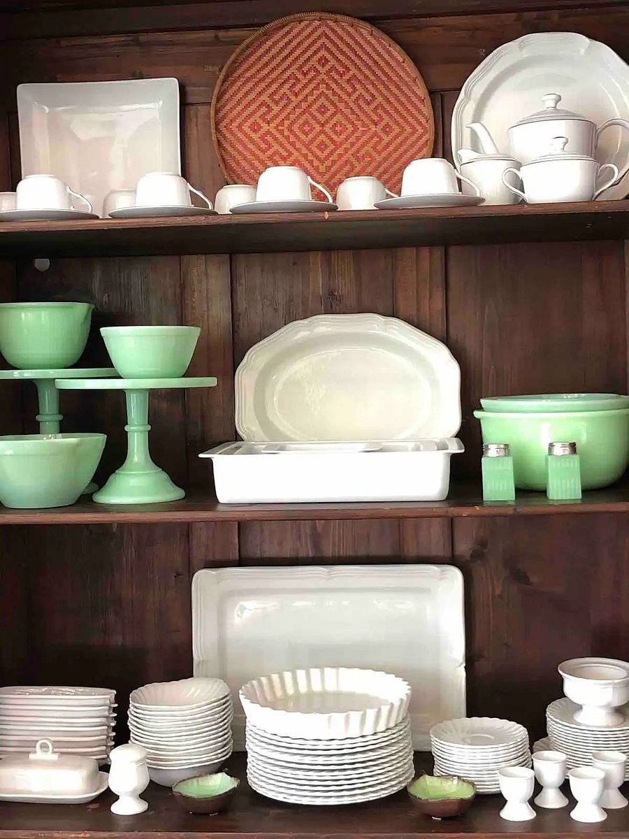 Serving dishes in China cabinet at the main house formal Dining room.