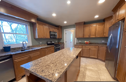 Fully stocked kitchen with island.